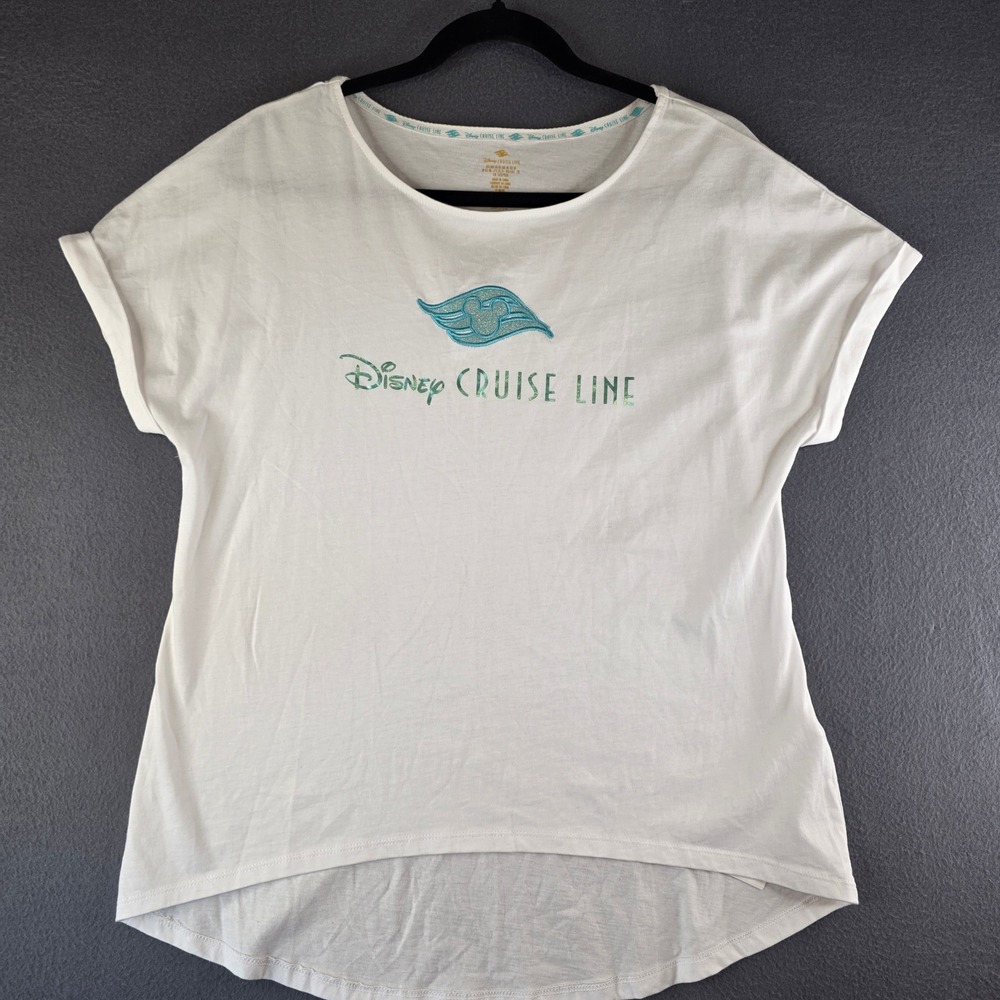Disney Cruise Line T-Shirt‎ Womens Medium White Teal Shimmer Logo High Low Hem